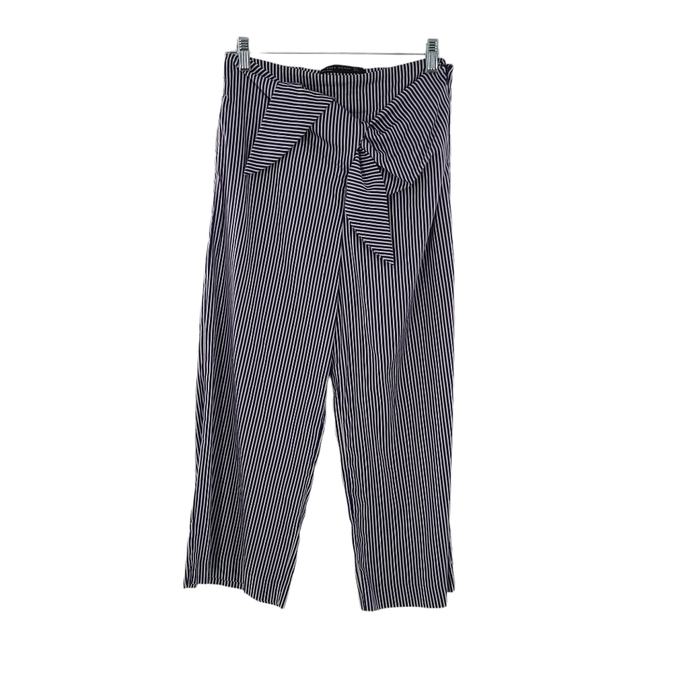 Zara Black White Stripe Wide Leg Cropped‎ Pants Womens Small Paper Bag Waist